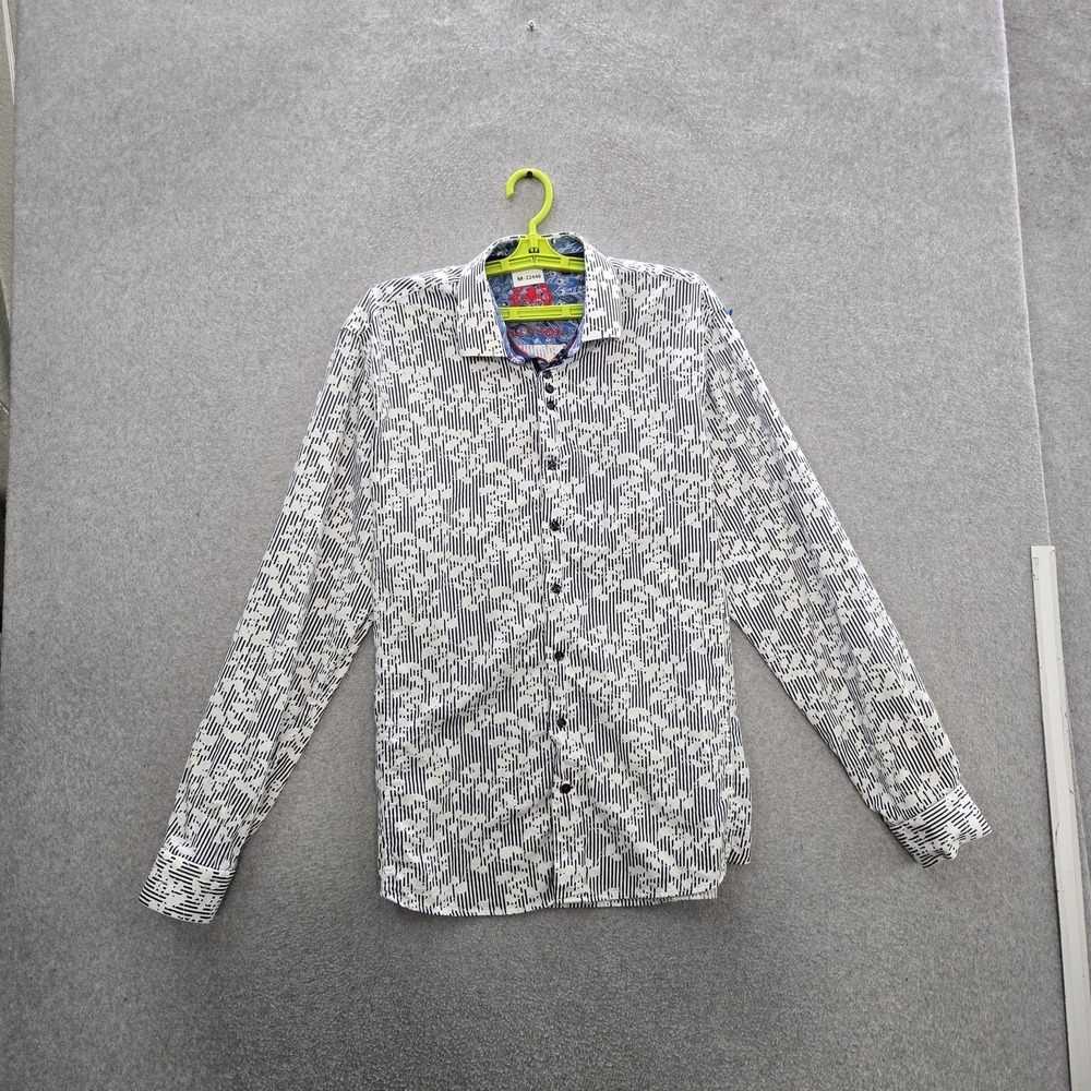 Au Noir Men Button Up Shirt 5 White Floral Geometric Long Sleeve